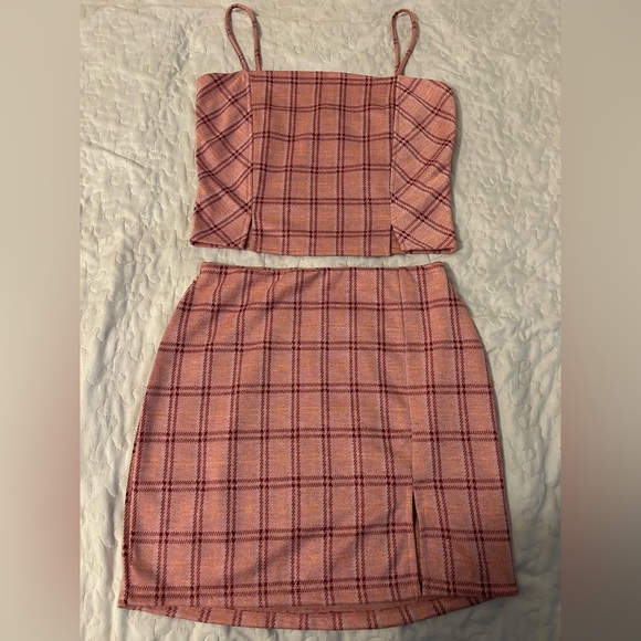 Other - Pink plaid two-set piece. Skirt and top both have a slit on the bottom.